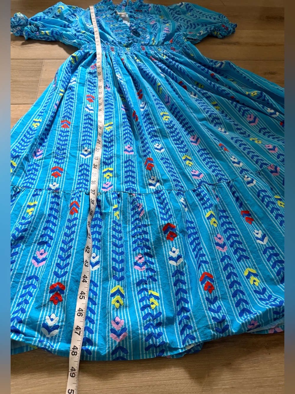 UMGEE Blue Mix Puff Sleeve Smocked Ruffle Neck Midi Dress EUC - Picture 4 of 6